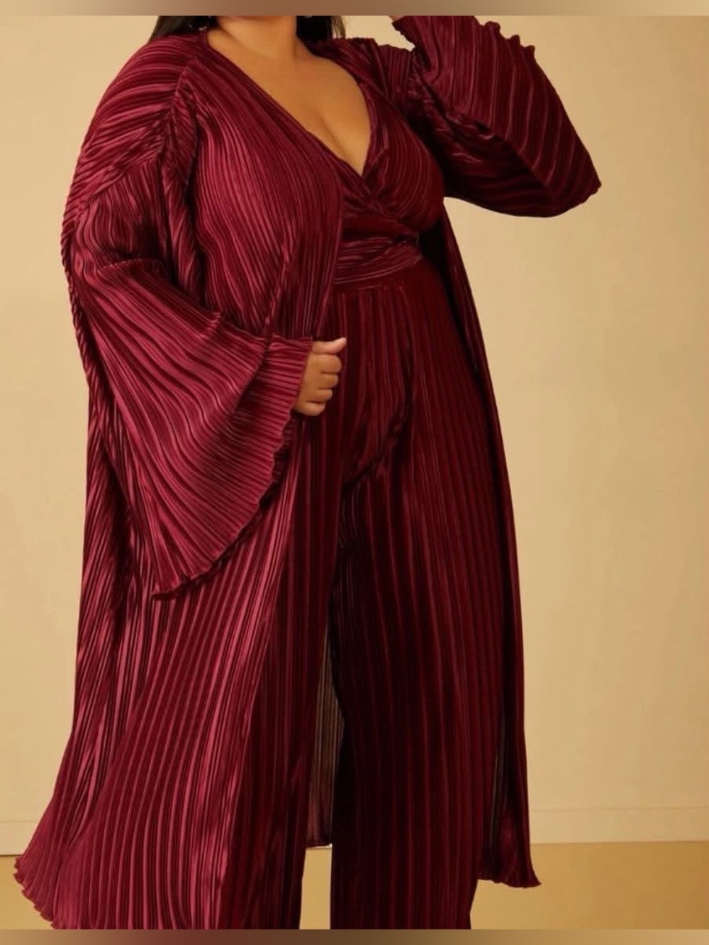 Ashley Stewart Burgundy Pleated Wide-Leg Jumpsuit with Duster